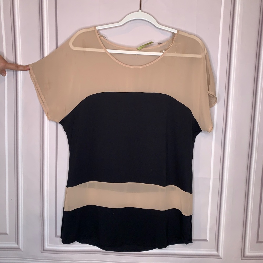 West Kei, sheer & black color block top. Size L